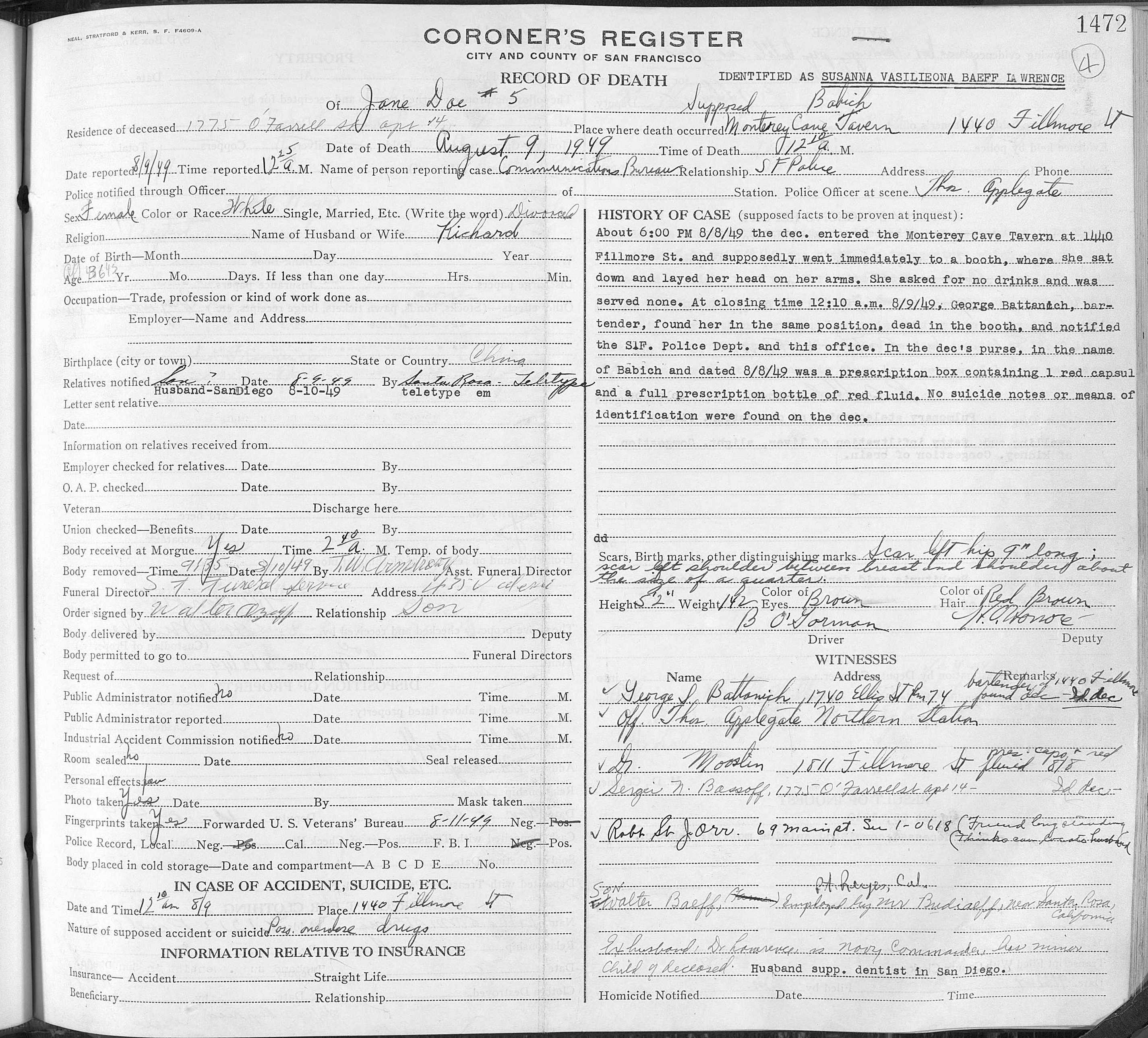 SF Coroner's register, Aug, 1949